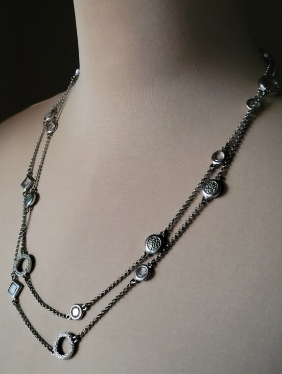 Jewelry - Silver Tone Double Strand Necklace Crystal Geometric Layered Boho Statement